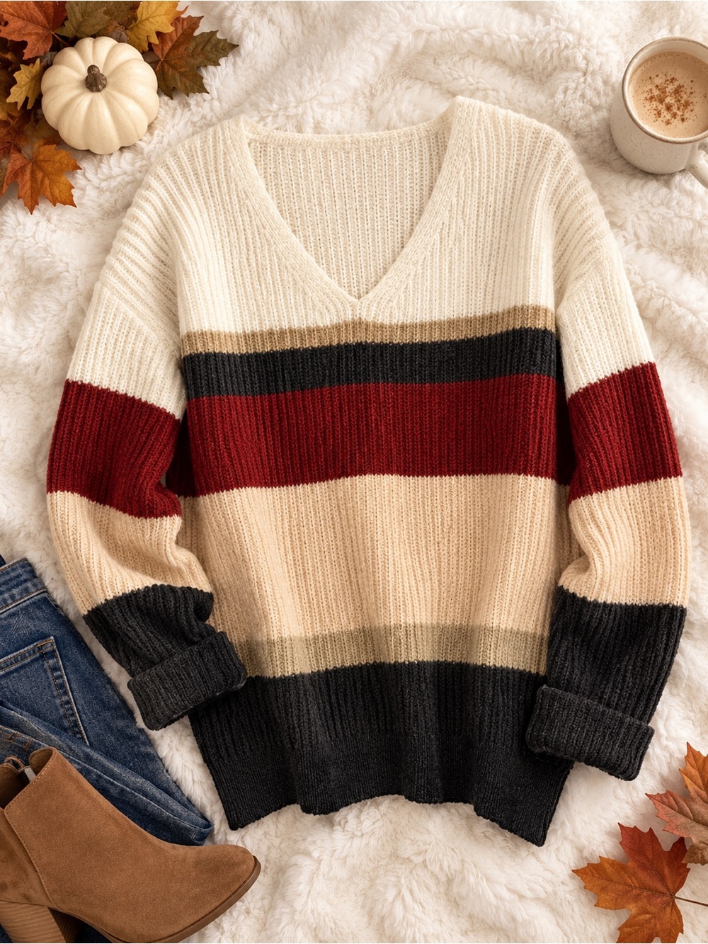 Cozy V-Neck Striped Sweater - Cream & Red size medium
